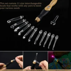 11 Sizes Lighted Crochet Hooks Set Rechargeable Crochet Hook Light Up Hooks with Case, Interchangeable Heads 2.5 mm to 8 mm for DIY Craft Supplies(Wood Color-Black)