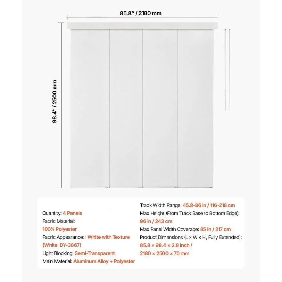 Sliding Panel Track Blinds for Patio Door and Large Windows, White Textured Polyester Room Divider Curtains with Adjustable Track System for Home and Office