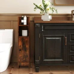 Slim Bathroom Floor Cabinet with 2 Open Shelves and 2 Tier Storage, Narrow Wooden Storage Cabinet for Toilet Paper and Bathroom Supplies