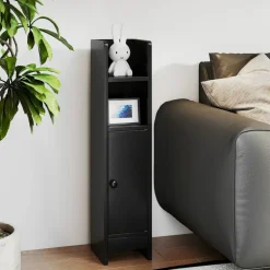 Slim Bathroom Floor Cabinet with 2 Open Shelves and 2 Tier Storage, Narrow Wooden Storage Cabinet for Toilet Paper and Bathroom Supplies