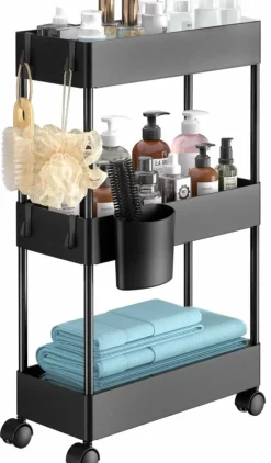 Slim Storage Cart with Wheels, Bathroom Cart Organizer Bathroom Storage Small, Rolling Cart for Bathroom, Laundry Room, Kitchen, Narrow Space, Black PIUC04