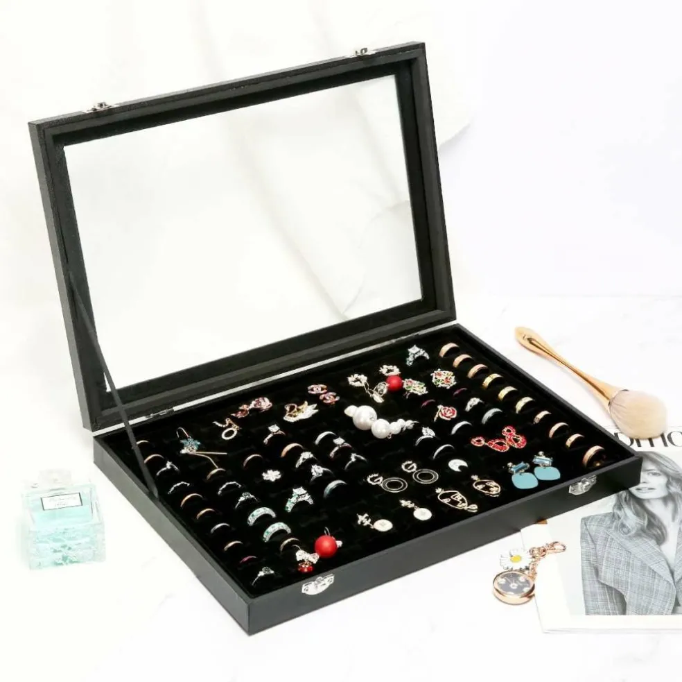 100 Slots Ring Display Case with Transparent Lid Ring Storage Box Ring Holder Case For Store Display Home Jewelry Storage Display Ring Organizer Earring Holder Display Tray