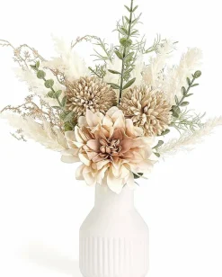 Small Artificial Flowers in Ceramic Vase 12.5" Centerpieces Coffee Table Decor, Silk Flower Arrangements for Home Decor Indoor Fake Flower Bouquet for Bathroom Dining Room Kitchen Wedding Brown