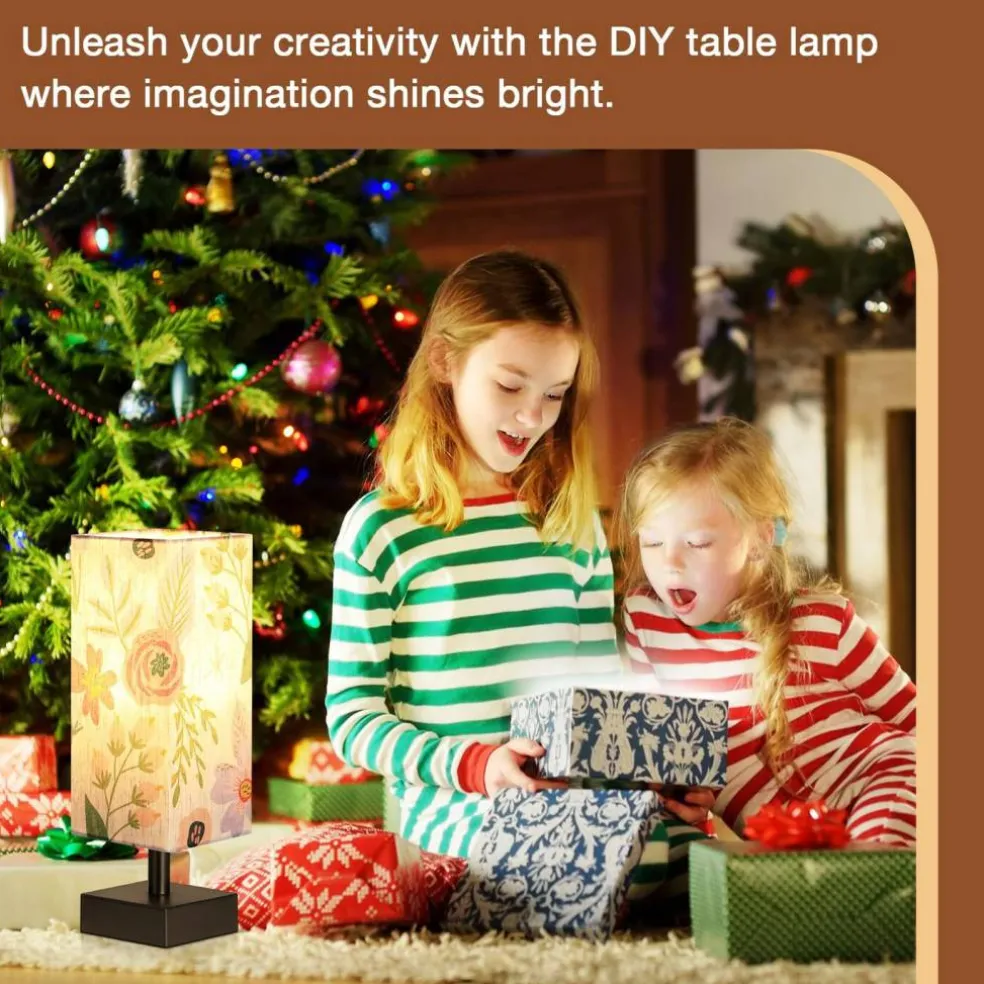Small Bedside Table Lamp for Bedroom - Square Floral Fabric Shade