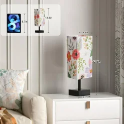Small Bedside Table Lamp for Bedroom - Square Floral Fabric Shade