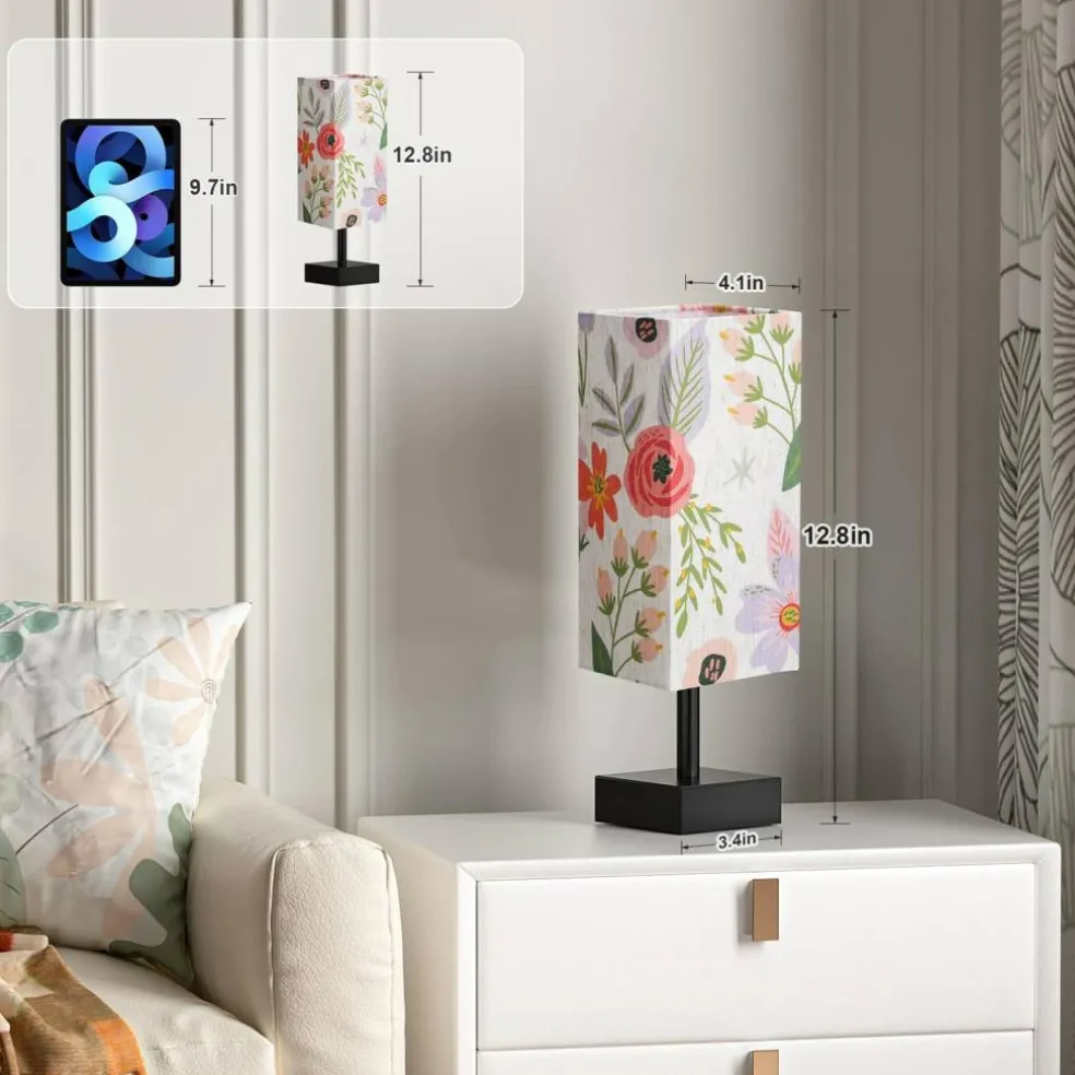 Small Bedside Table Lamp for Bedroom - Square Floral Fabric Shade