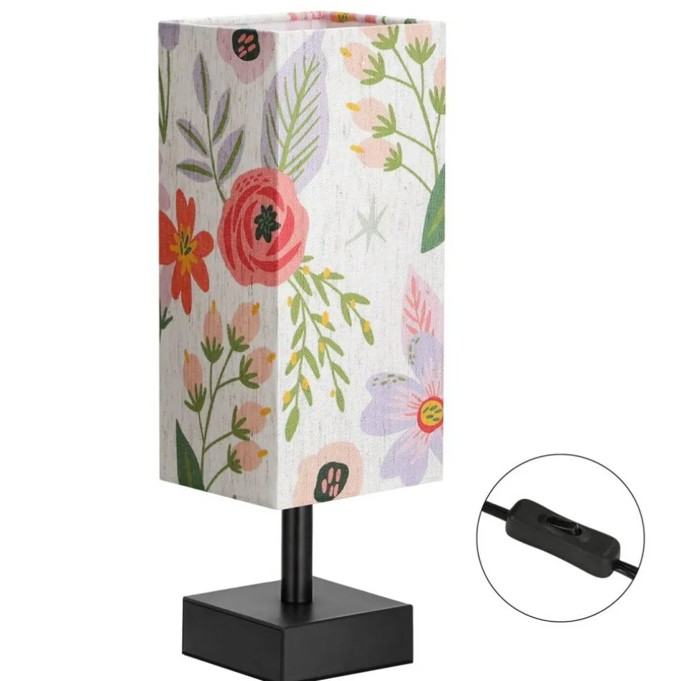 Small Bedside Table Lamp for Bedroom - Square Floral Fabric Shade