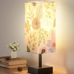 Small Bedside Table Lamp for Bedroom - Square Floral Fabric Shade