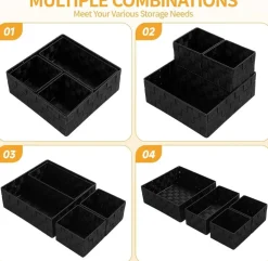 Small Black Woven Storage Baskets Set of 4, Cube Organizer Bins with Metal Frame, Handwoven Drawer Dividers for Closet, Shelf, Dresser, Bathroom, Office, Kitchen Organization Tote Containers