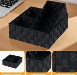 Small Black Woven Storage Baskets Set of 4, Cube Organizer Bins with Metal Frame, Handwoven Drawer Dividers for Closet, Shelf, Dresser, Bathroom, Office, Kitchen Organization Tote Containers