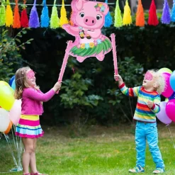 Small Pig Piñata Hawaiian Party Decorations Pink Pig Piñata with Blindfold Stick for Summer Hawaii Aloha Tropical Themed Birthday Party Supplies, 16.5 x 12.4 x 3.1 Inch