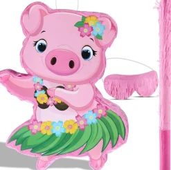 Small Pig Piñata Hawaiian Party Decorations Pink Pig Piñata with Blindfold Stick for Summer Hawaii Aloha Tropical Themed Birthday Party Supplies, 16.5 x 12.4 x 3.1 Inch