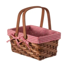 Small Rectangular Woodchip Picnic Baskets with Double Folding Handles, Natural Hand-Woven Basket Lined with Gingham Red and White Lining Great for Gifts