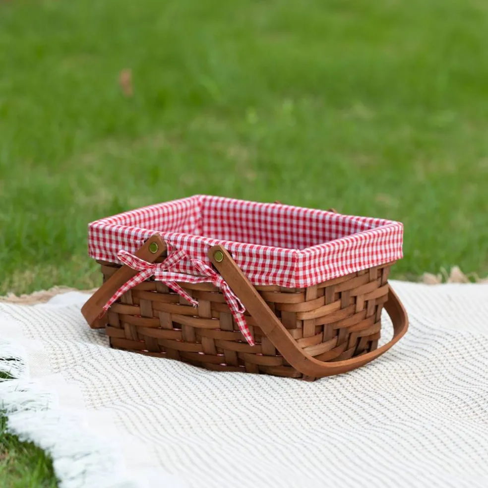 Small Rectangular Woodchip Picnic Baskets with Double Folding Handles, Natural Hand-Woven Basket Lined with Gingham Red and White Lining Great for Gifts