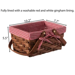 Small Rectangular Woodchip Picnic Baskets with Double Folding Handles, Natural Hand-Woven Basket Lined with Gingham Red and White Lining Great for Gifts