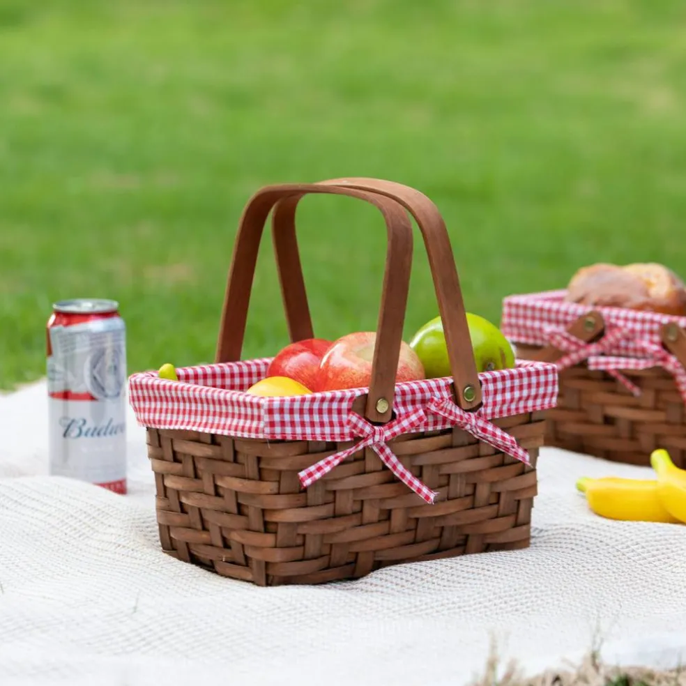 Small Rectangular Woodchip Picnic Baskets with Double Folding Handles, Natural Hand-Woven Basket Lined with Gingham Red and White Lining Great for Gifts