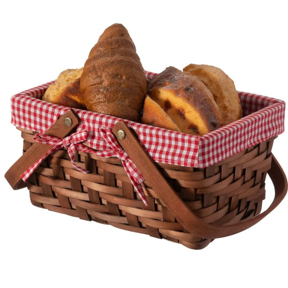 Small Rectangular Woodchip Picnic Baskets with Double Folding Handles, Natural Hand-Woven Basket Lined with Gingham Red and White Lining Great for Gifts