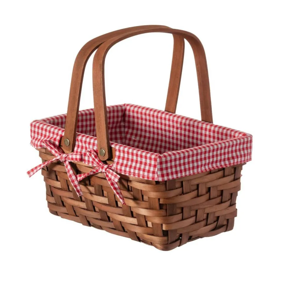 Small Rectangular Woodchip Picnic Baskets with Double Folding Handles, Natural Hand-Woven Basket Lined with Gingham Red and White Lining Great for Gifts
