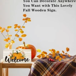 Small Welcome Wooden Door Sign 5x10 Inch – Autumn Pumpkin Fall Hanging Plaque – Thanksgiving Front Door Porch Wall Decor with Rope – Rustic Farmhouse Indoor Outdoor Seasonal Decoration