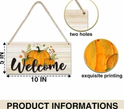 Small Welcome Wooden Door Sign 5x10 Inch – Autumn Pumpkin Fall Hanging Plaque – Thanksgiving Front Door Porch Wall Decor with Rope – Rustic Farmhouse Indoor Outdoor Seasonal Decoration