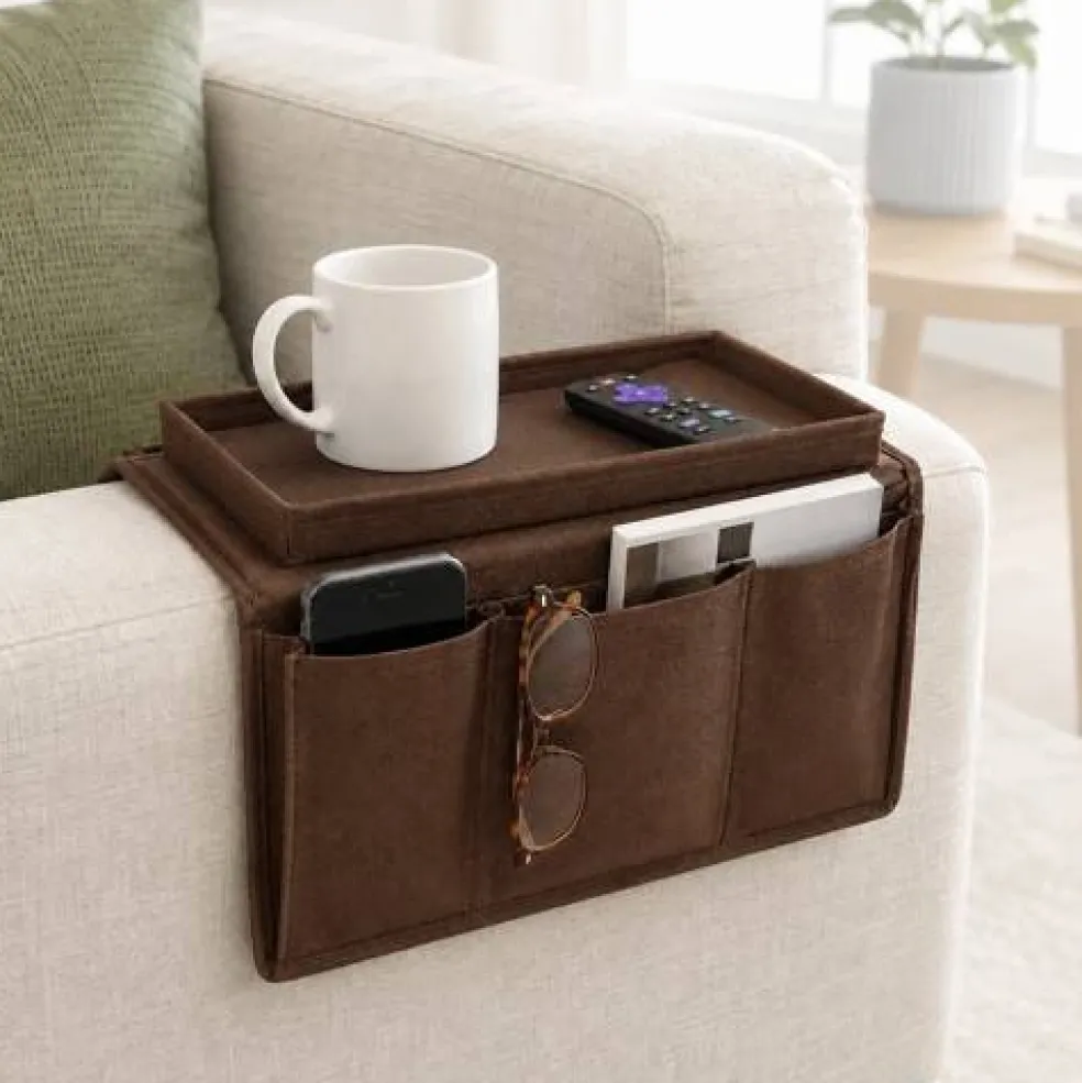 Sofa Armrest Organizer Remote Control Holder Couch Caddy Tray Table Brown