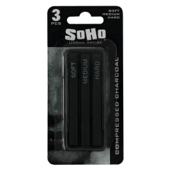 SoHo Urban Artist Compressed Charcoal Sticks, Assorted Pack of 3 - Soft, Medium, and Hard - for Charcoal Drawing and Charcoal Art, Perfect for Artists, Students & Professionals