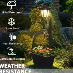 Solar Garden Stake Light with Planter Box, Vintage Solar Pathway Lamp, IP44 Waterproof Auto On/Off Outdoor Landscape Light for Yard, Lawn, Walkway Decor