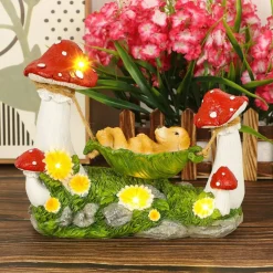 Solar Garden Statue, Puppy in Leaf Hammock with Mushrooms & LED Lights
