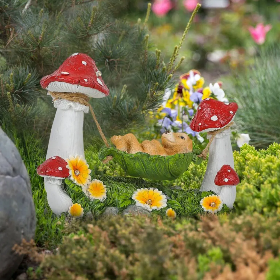 Solar Garden Statue, Puppy in Leaf Hammock with Mushrooms & LED Lights