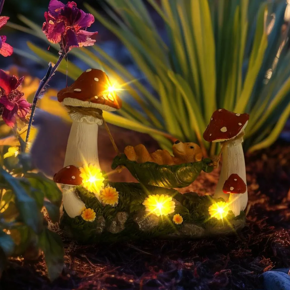 Solar Garden Statue, Puppy in Leaf Hammock with Mushrooms & LED Lights
