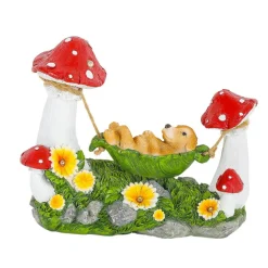 Solar Garden Statue, Puppy in Leaf Hammock with Mushrooms & LED Lights