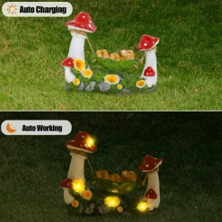 Solar Garden Statue, Puppy in Leaf Hammock with Mushrooms & LED Lights
