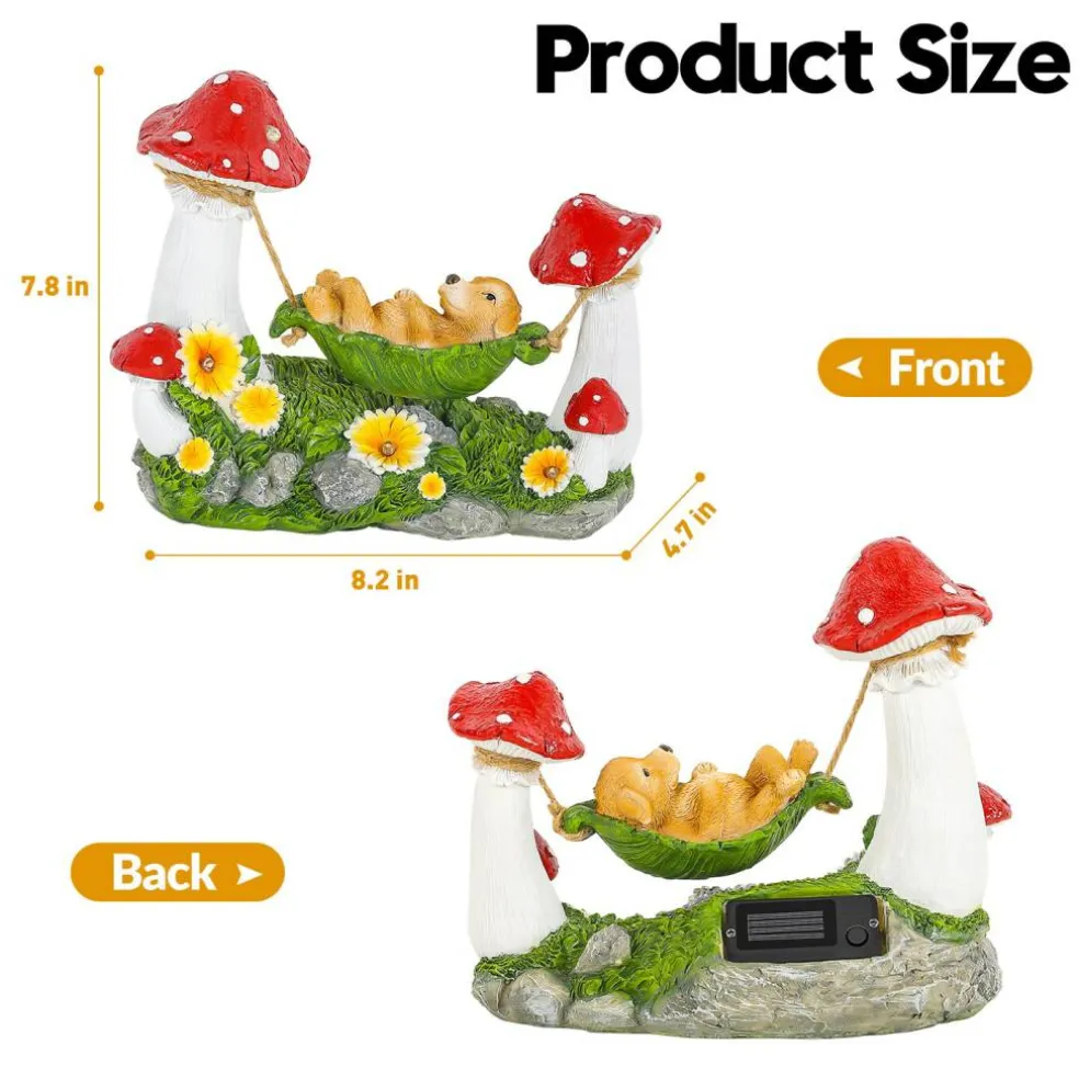 Solar Garden Statue, Puppy in Leaf Hammock with Mushrooms & LED Lights