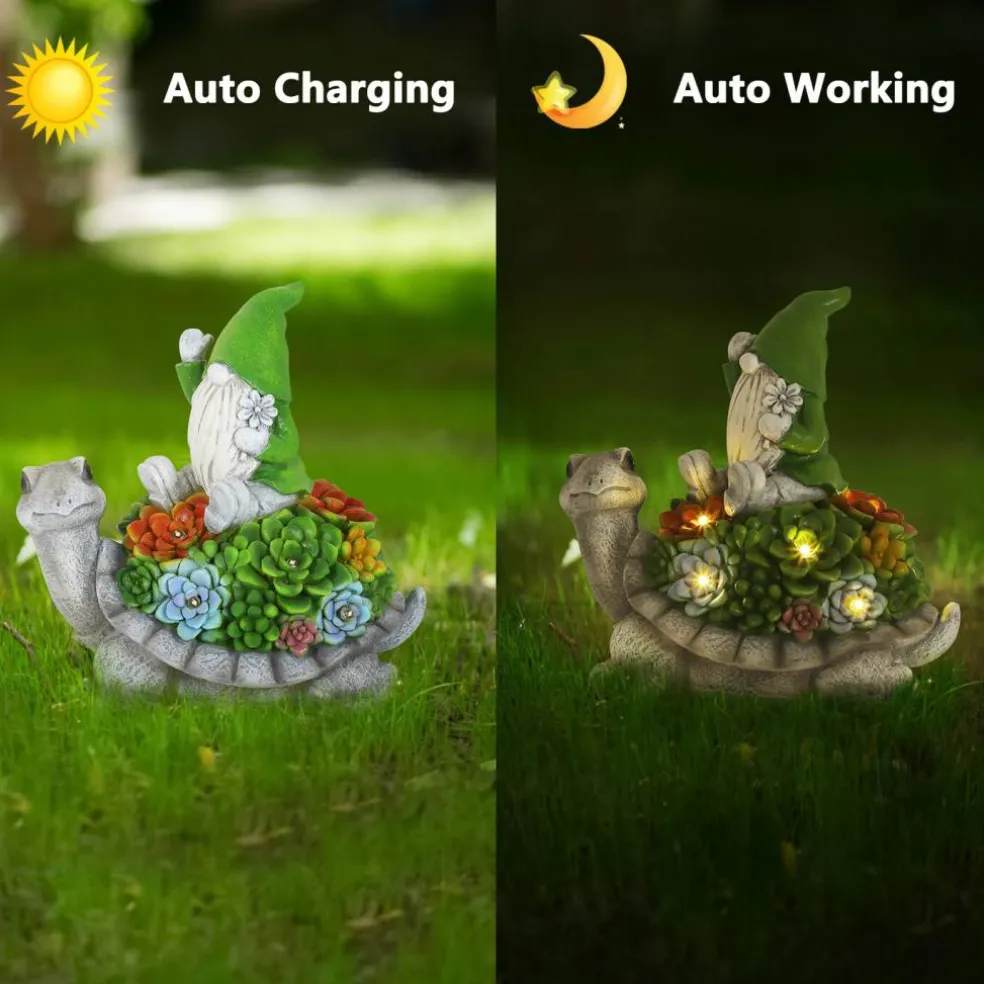 Solar Gnome on Turtle Garden Statue with LED Succulent Lights