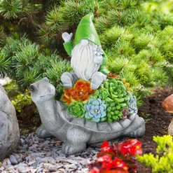 Solar Gnome on Turtle Garden Statue with LED Succulent Lights