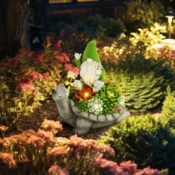 Solar Gnome on Turtle Garden Statue with LED Succulent Lights