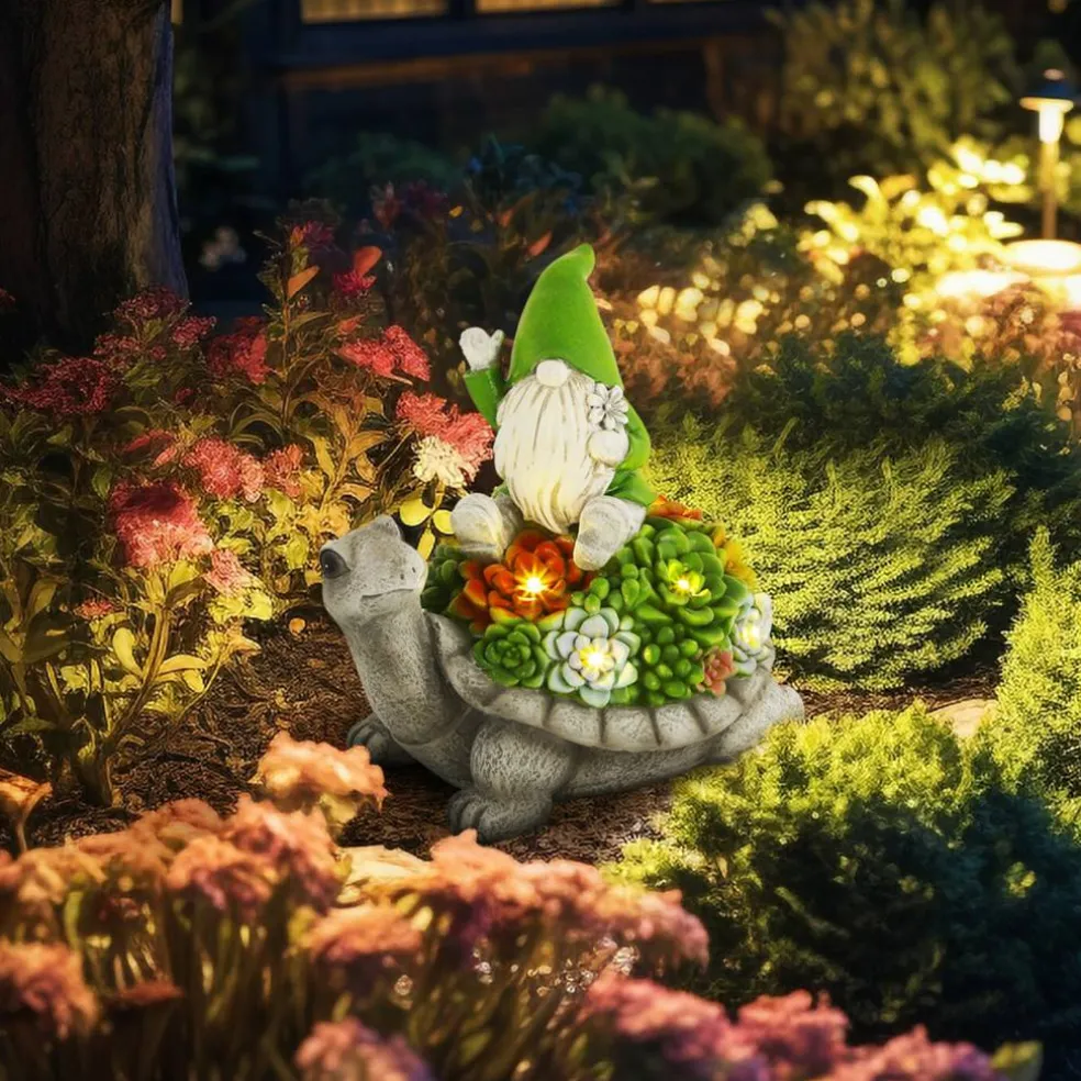 Solar Gnome on Turtle Garden Statue with LED Succulent Lights