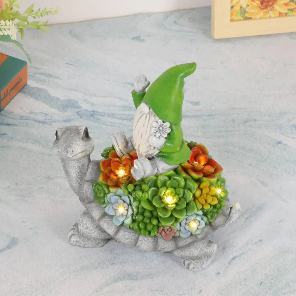 Solar Gnome on Turtle Garden Statue with LED Succulent Lights