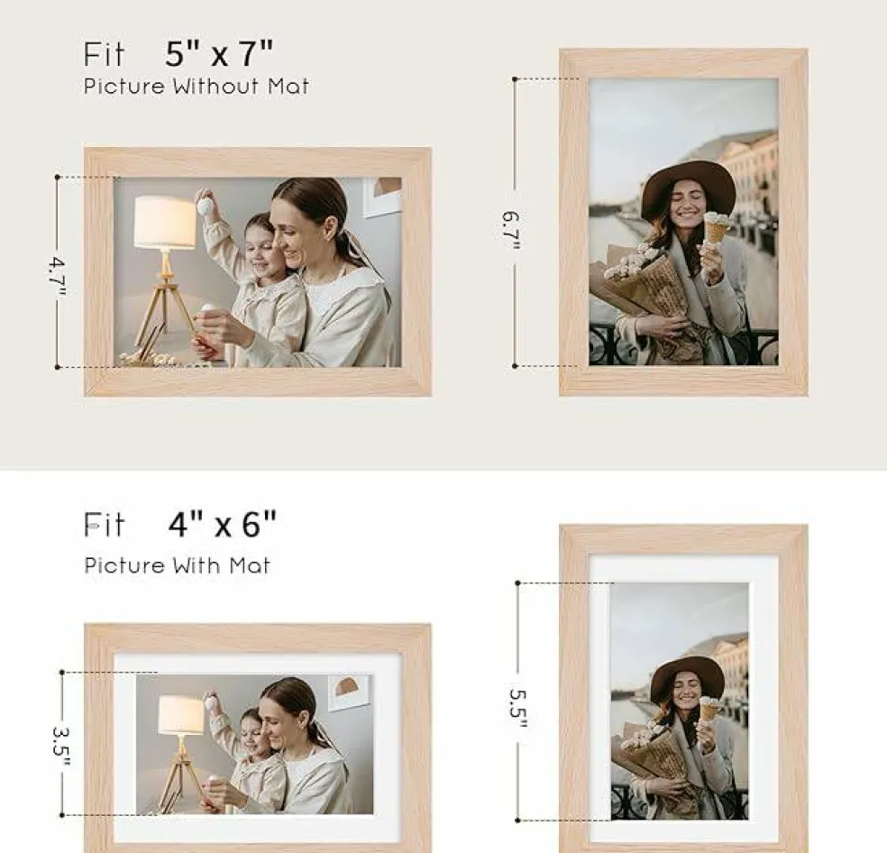 Solid Oak Wood 5x7 Picture Frame with Mat for 4x6 Photos, Natural Wood Frame with Plexi Front for Wall or Tabletop Display, Vertical Horizontal Photo Frame (1 Pack)
