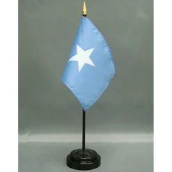Somalia Desk Flag with Base; American Made Rayon 4x6 inch Miniature Table Set Includes One Small Mini Country Stick Flags and One Black Stand