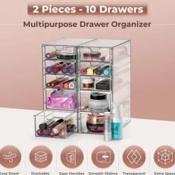 Sorbus 10 Drawers Acrylic Organizer for Makeup, Organization and Storage, Art Supplies, Jewelry, Stationary - 2 Pcs Clear Stackable Storage Drawers