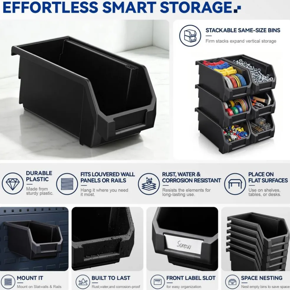 Sorbus Extra Small Open Front Stackable Garage Storage Bin – Heavy Duty Plastic Organizer Tote for Tools, Hardware & Shelving