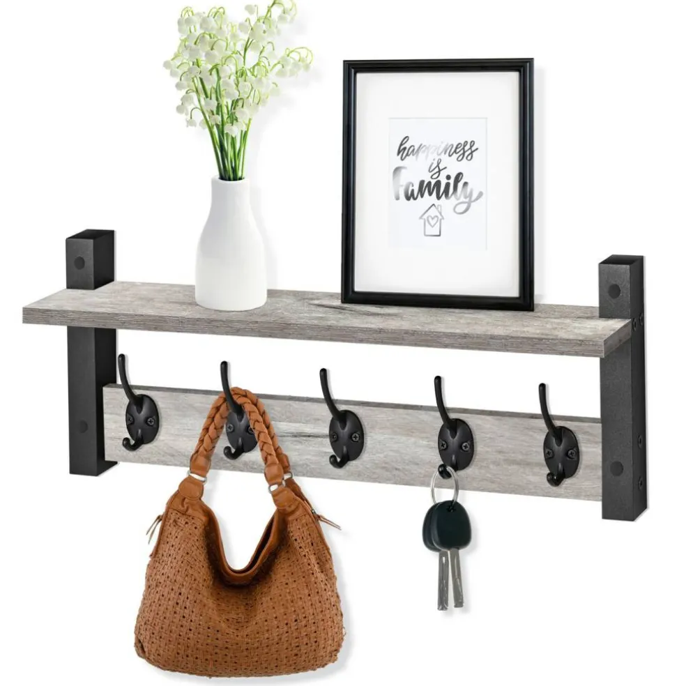 Sorbus Floating Wall Shelf with Hooks for Entryway, Bathroom, Bedroom, Kitchen, or Mudroom