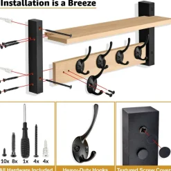 Sorbus Floating Wall Shelf with Hooks for Entryway, Bathroom, Bedroom, Kitchen, or Mudroom