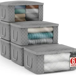 Sorbus Medium Clothes Storage Bags 6 Pack - Foldable Blanket Organizer Bins with Window, Lids, and Handles