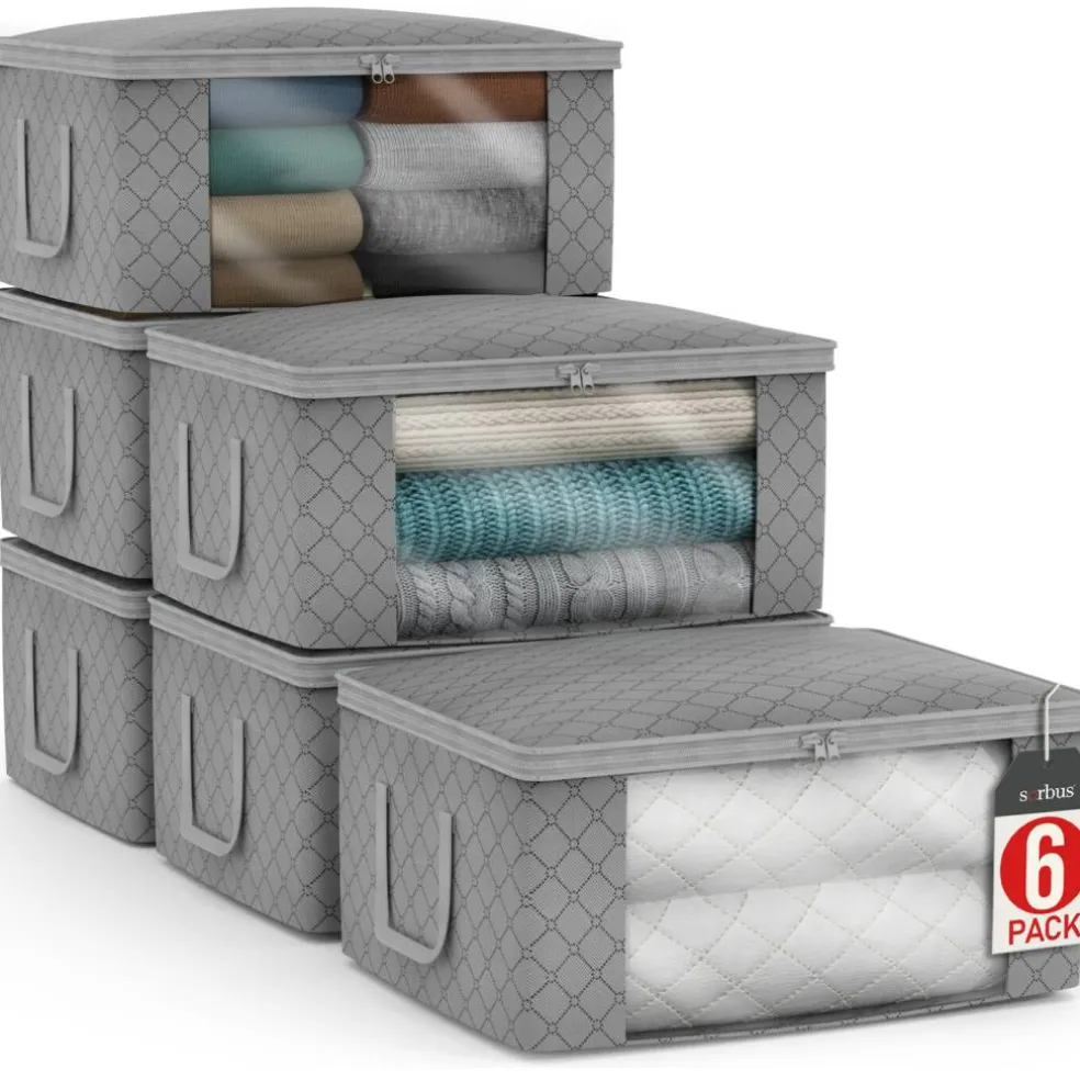 Sorbus Medium Clothes Storage Bags 6 Pack - Foldable Blanket Organizer Bins with Window, Lids, and Handles