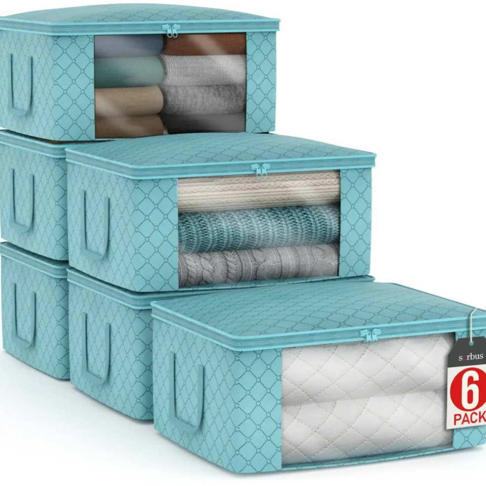 Sorbus Medium Clothes Storage Bags 6 Pack - Foldable Blanket Organizer Bins with Window, Lids, and Handles