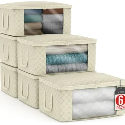 Sorbus Medium Clothes Storage Bags 6 Pack - Foldable Blanket Organizer Bins with Window, Lids, and Handles