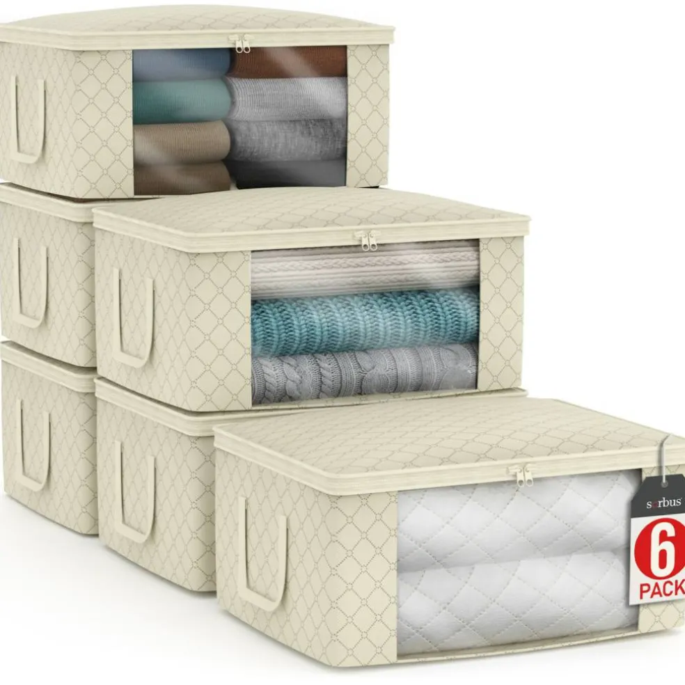 Sorbus Medium Clothes Storage Bags 6 Pack - Foldable Blanket Organizer Bins with Window, Lids, and Handles
