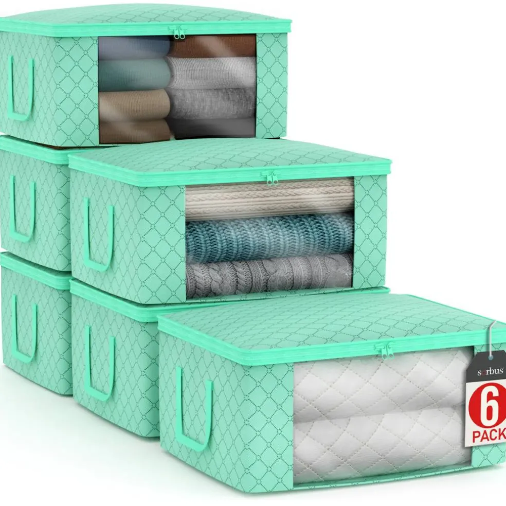 Sorbus Medium Clothes Storage Bags 6 Pack - Foldable Blanket Organizer Bins with Window, Lids, and Handles